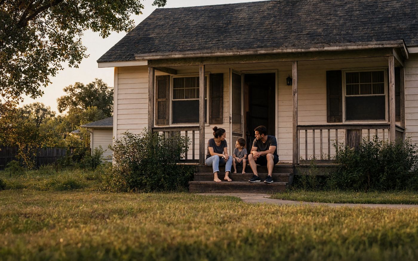 A family of three sitting together on the front steps of a modest house at golden hour