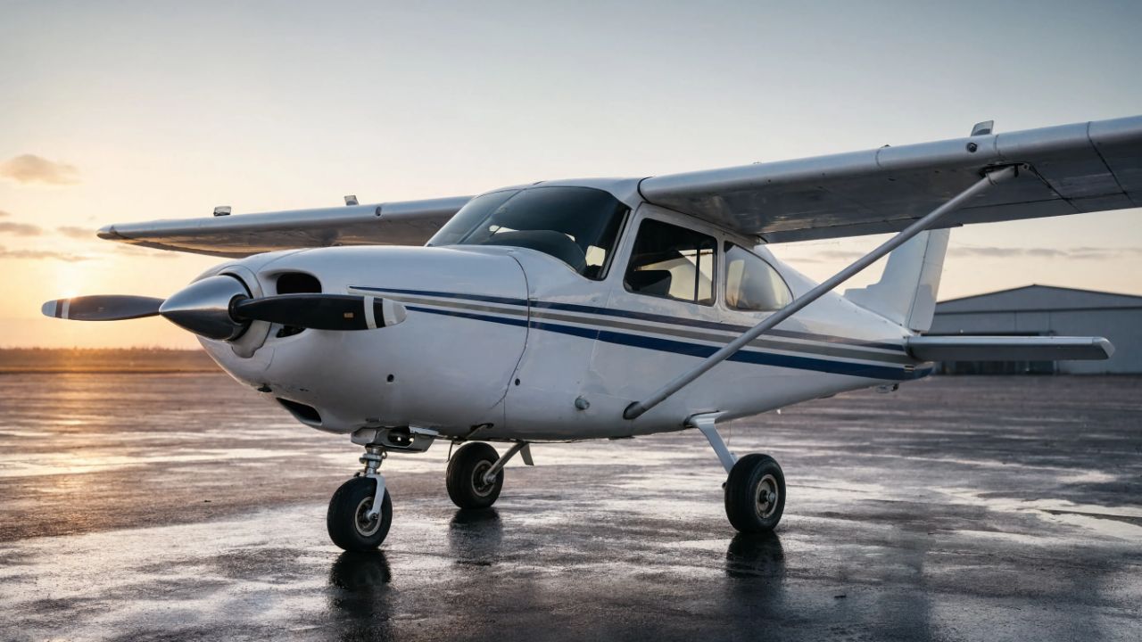 A single-engine light aircraft parked on an airport apron at sunset