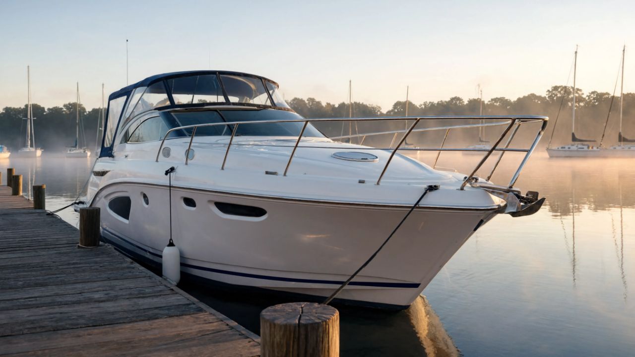 A well-kept white cabin cruiser tied up at a wooden dock in morning mist
