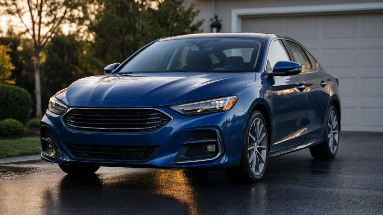 A clean, well-maintained blue sedan parked in a driveway at sunset