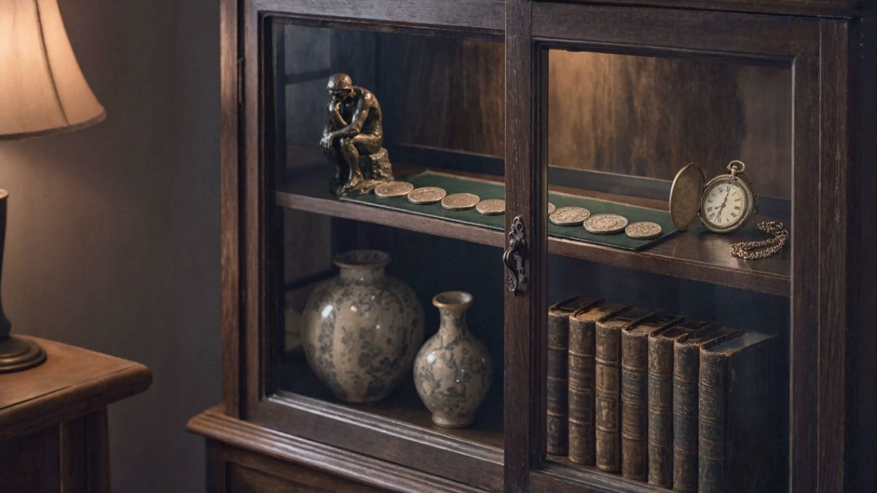 A lamplit display cabinet holding a bronze figurine, a row of coins, a pocket watch, vases and leather-bound books