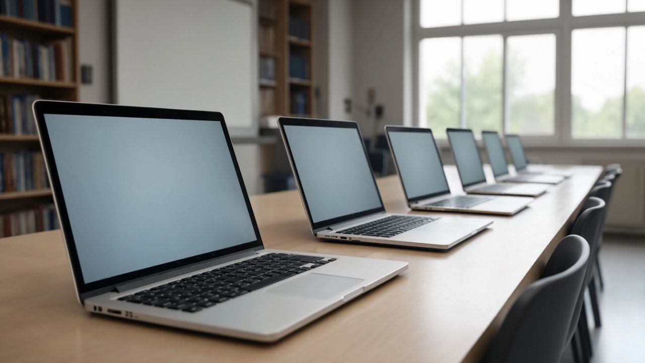 A row of open laptops set up along a table in a school computer lab