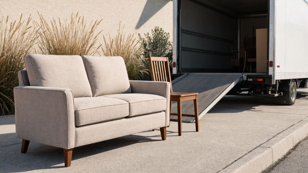 A clean sofa and wooden chair on a driveway beside an open box truck with its ramp down
