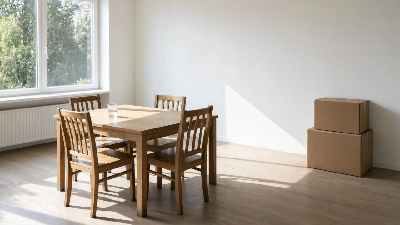 A wooden dining table and four chairs in a bright, otherwise empty apartment with moving boxes against the wall
