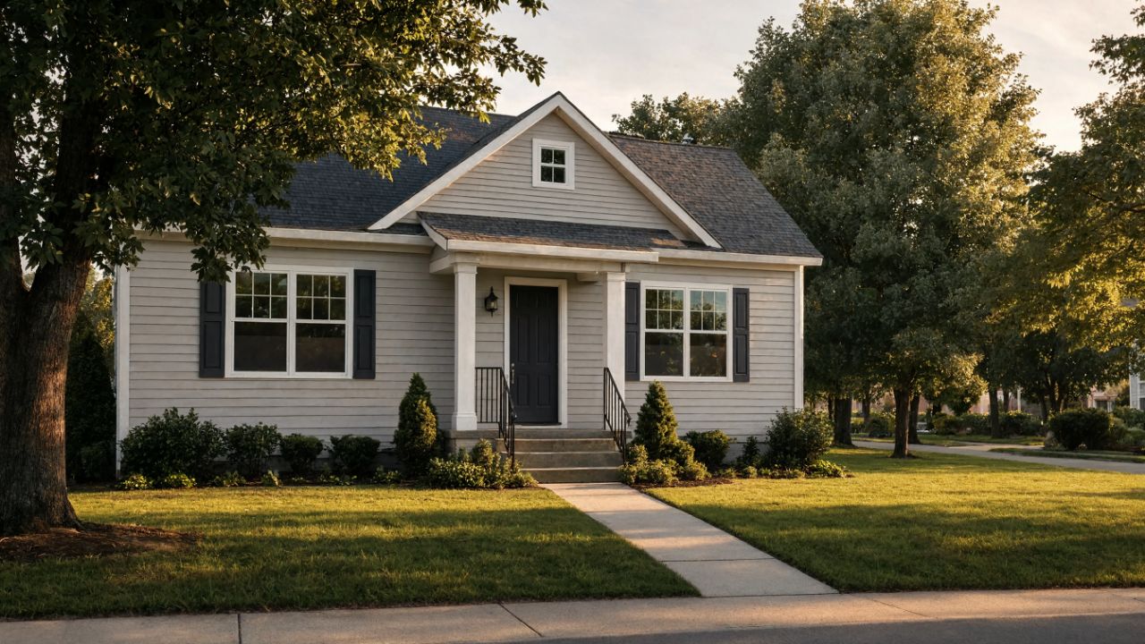 A well-kept single-family home with a covered porch in warm evening light