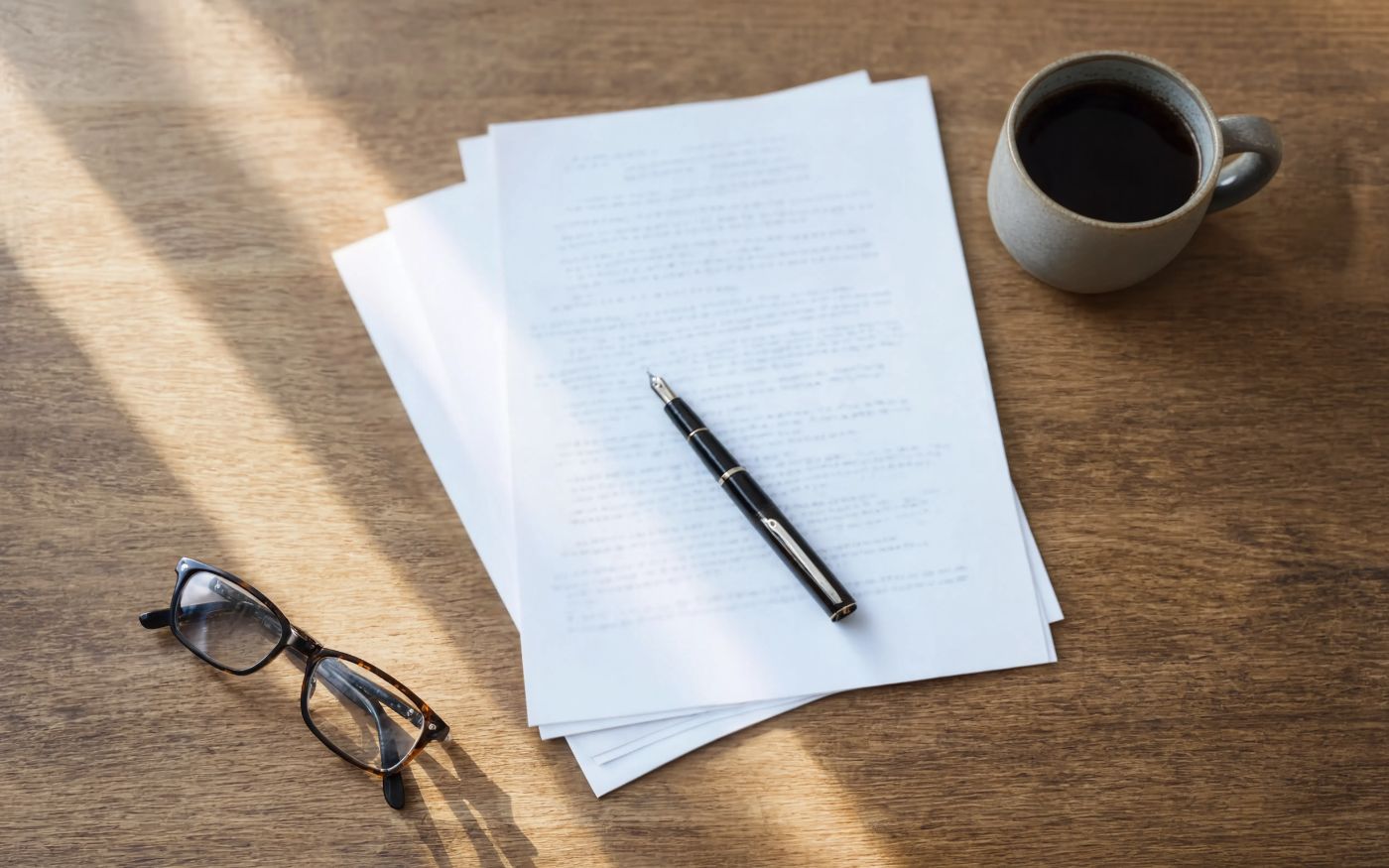 Donation paperwork, a fountain pen, reading glasses and a cup of coffee on a sunlit wooden table